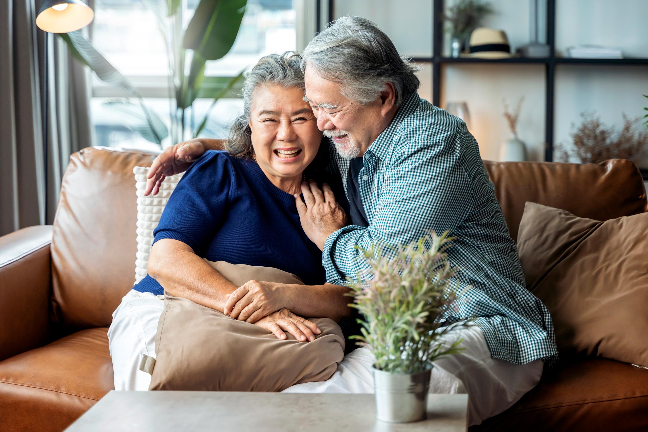 senior couple hugging and smiling in their home